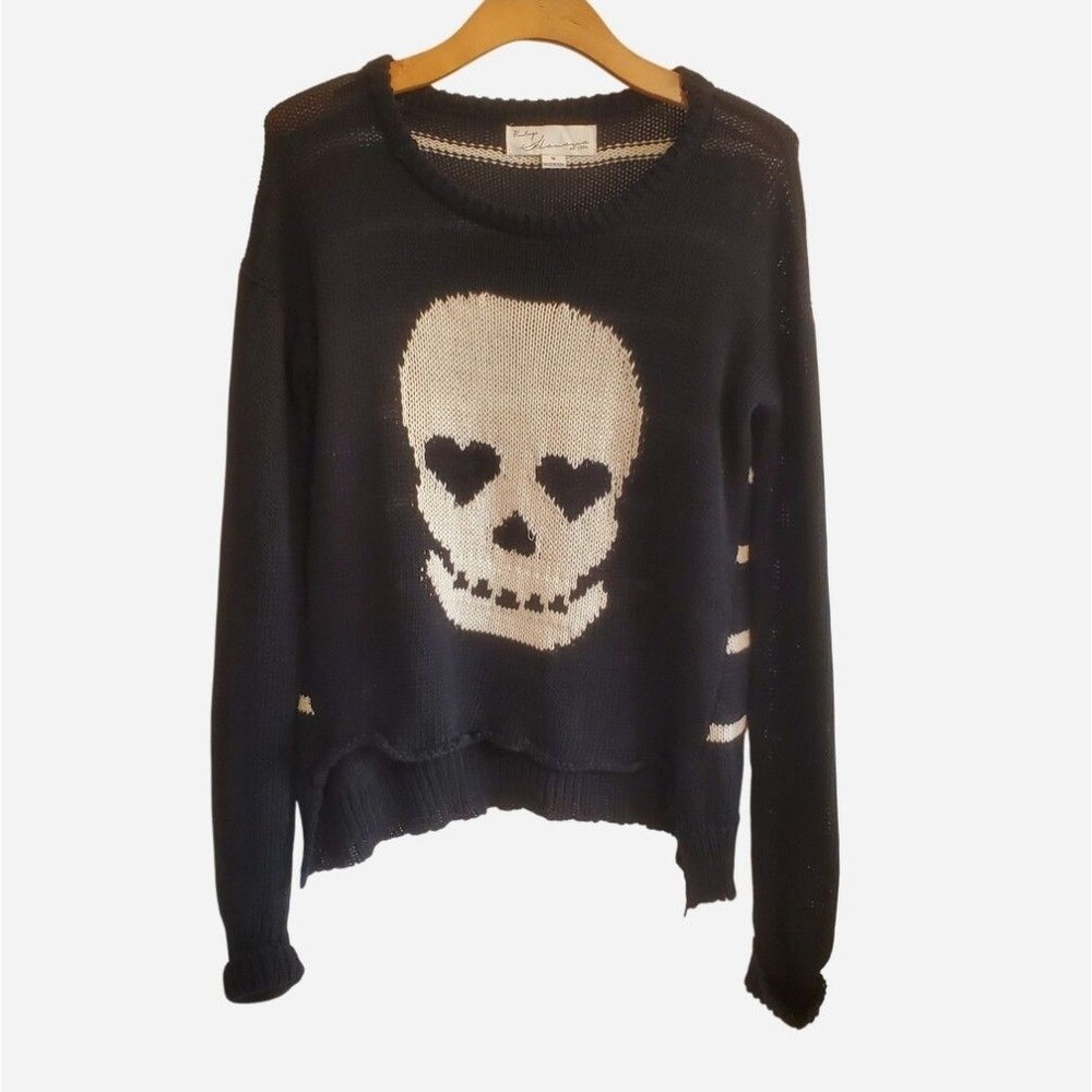 Vintage Havana Skull Stripe Back Knit Sweater Black Emo Grunge Halloween Size M